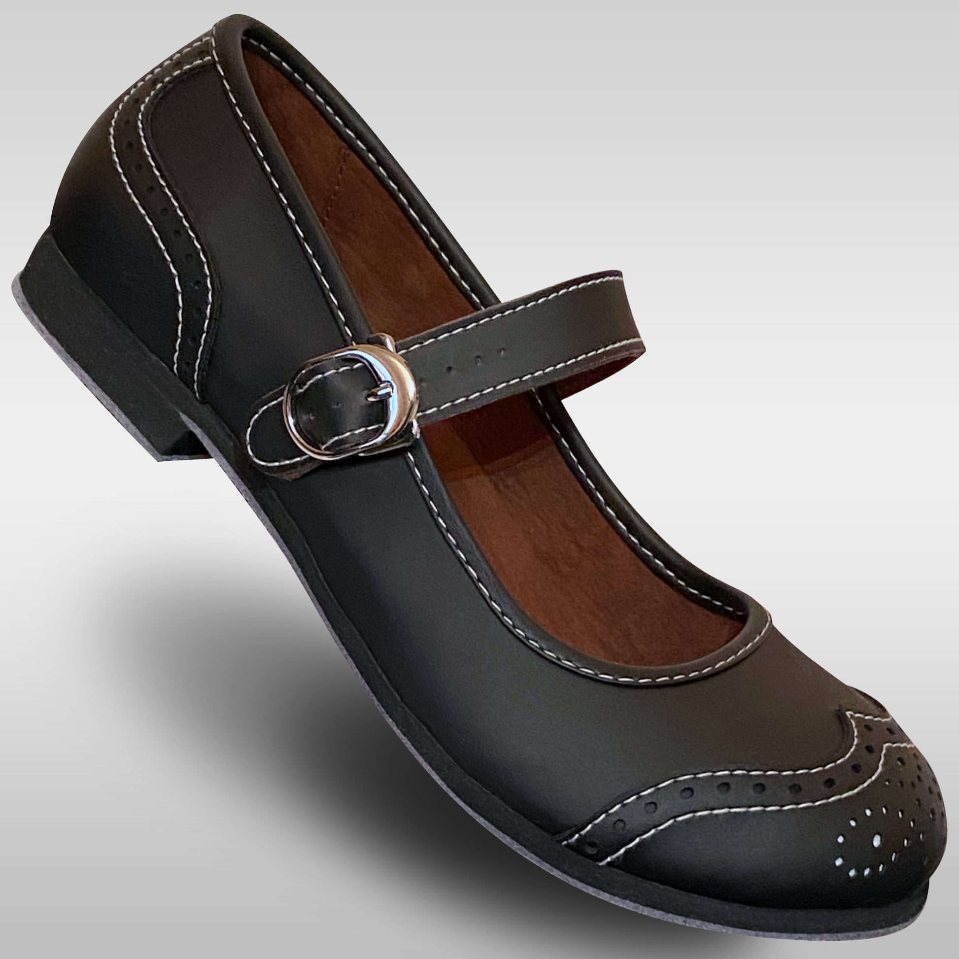 Womens black mary jane style flat shoes that are feather light and have an adjustable buckle to be used for lindy hop west coast swing ballroom and more dance styles