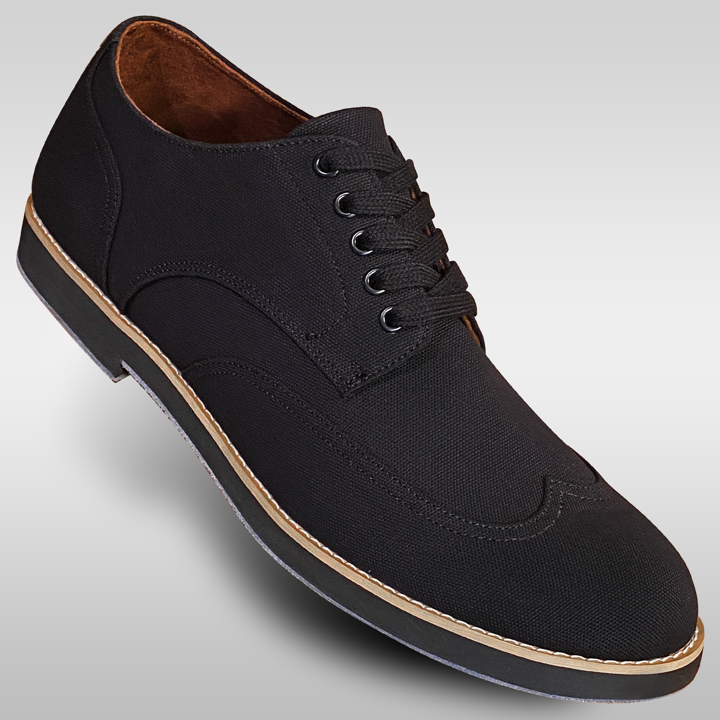 Mens solid black casual or formal canvas wingtips with a suede sole made for lindy hop charleston carolina shag and west coast swing