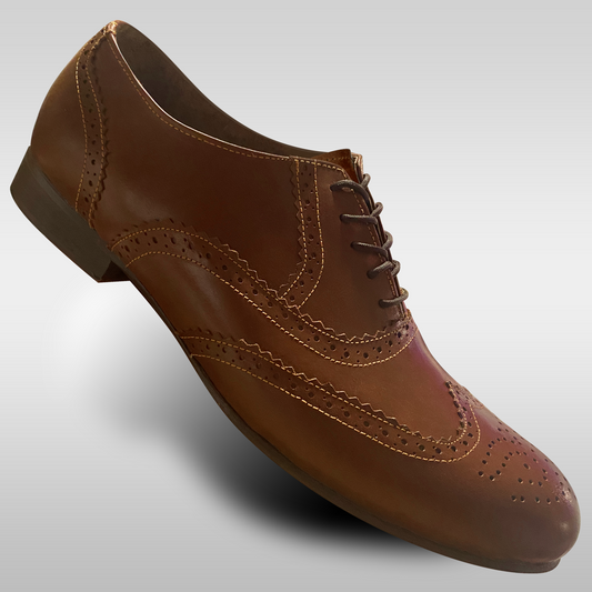 Mens brown all leather wingtip shoes with contrast stitching and a hard leather sole for lindy hop east coast swing and west coast swing